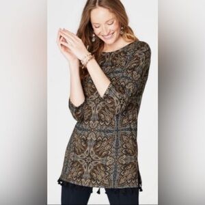 J.Jill Brown & Black Paisley Tassel Tunic Top Size Medium